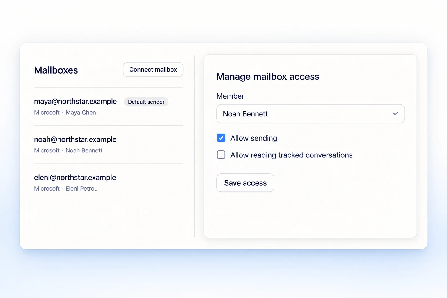 Separate send and read permissions for a team member in Reach-book.com mailbox settings