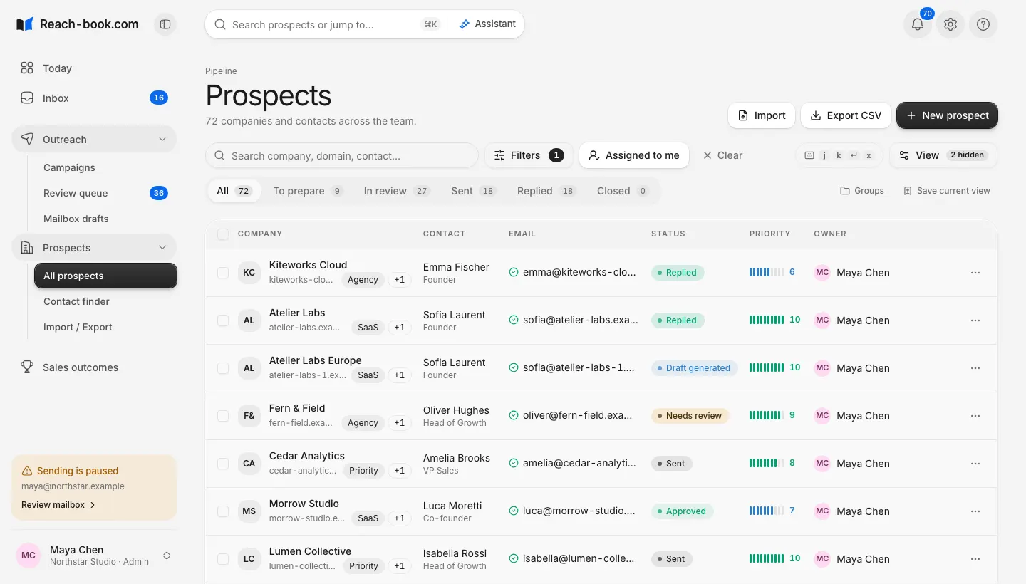 Reach-book.com prospect workspace with the new sidebar, contact owners, outreach stages, and fictional Northstar Studio leads